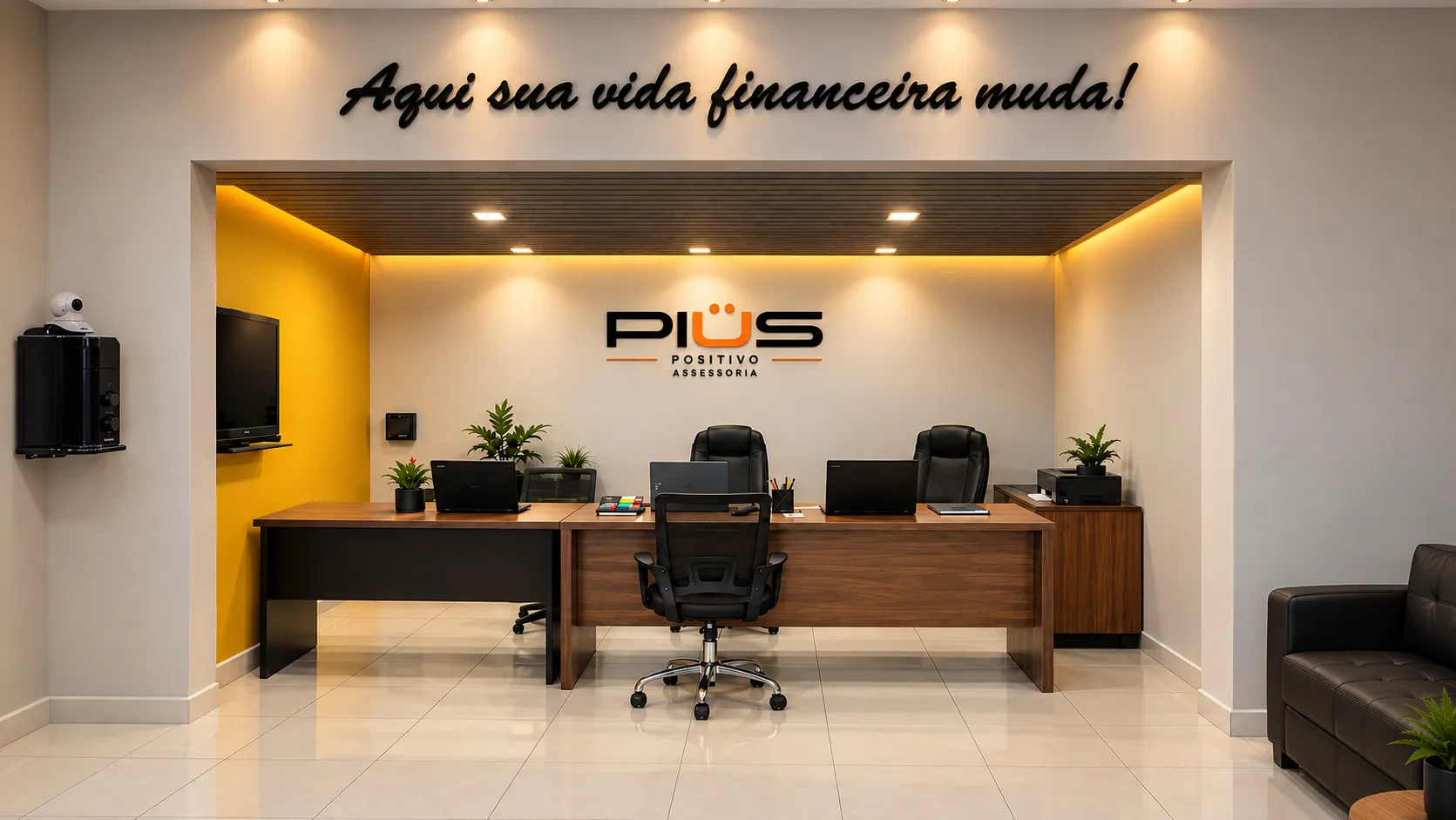 Recepção da Plus Positivo com o slogan “Aqui sua vida financeira muda!”